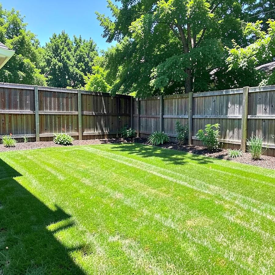 Landscaped front yard with mulched beds