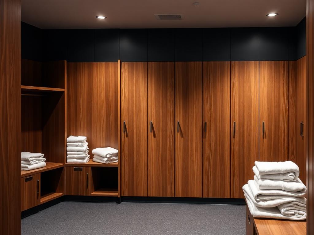 Modern wood locker room with stacked fresh towels