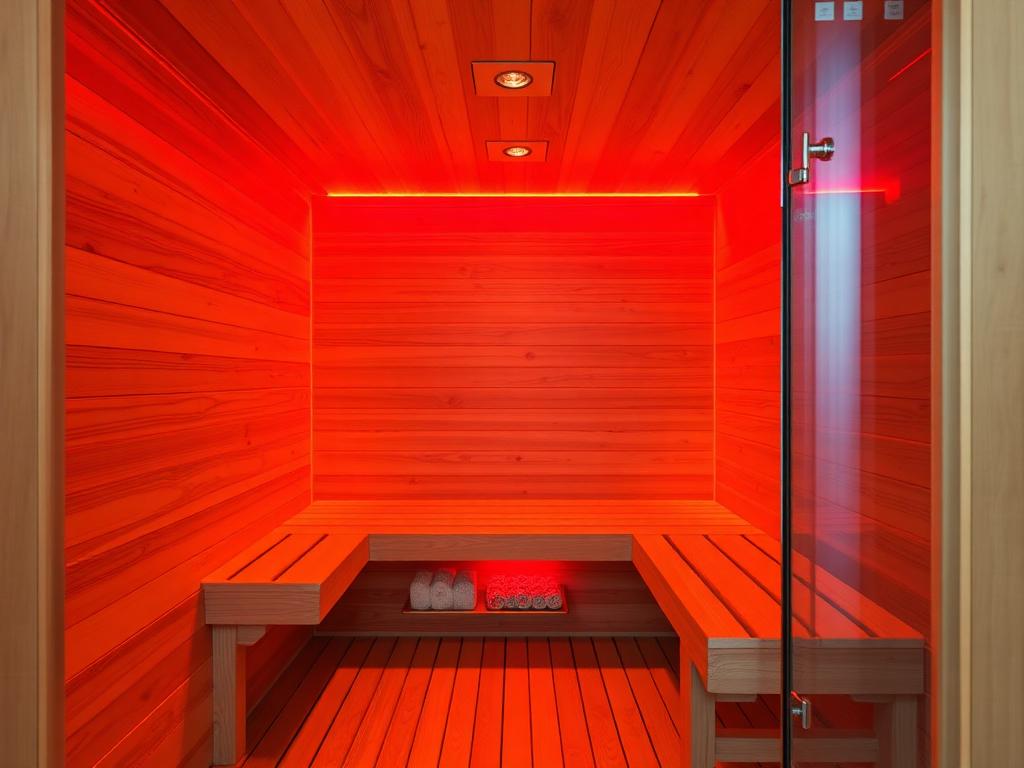 Wood-paneled infrared sauna with warm red lights