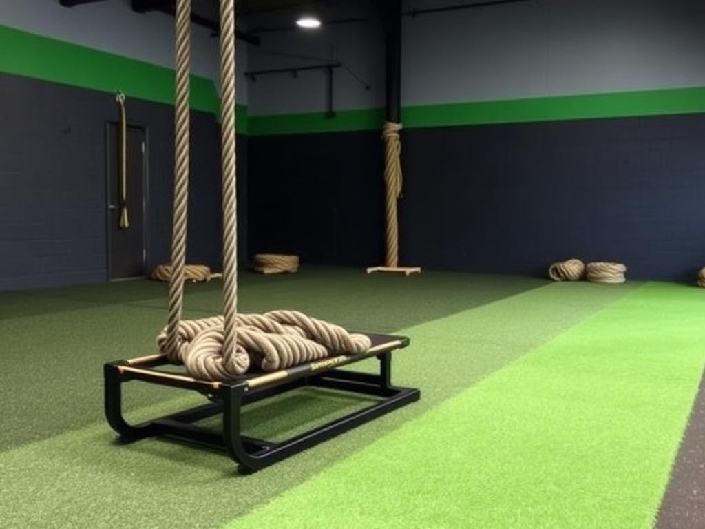 Indoor turf conditioning zone with sleds and battle ropes