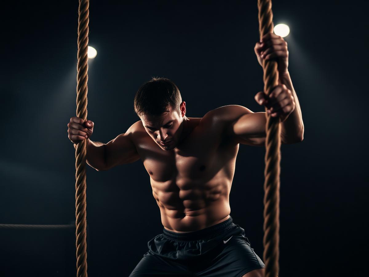 Athlete mid rope-slam workout in a gritty gym