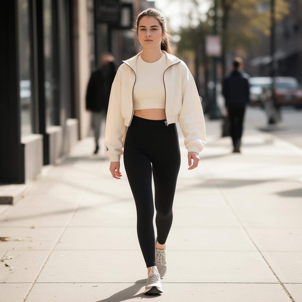 Woman styled in a full athletic outfit, studio to street
