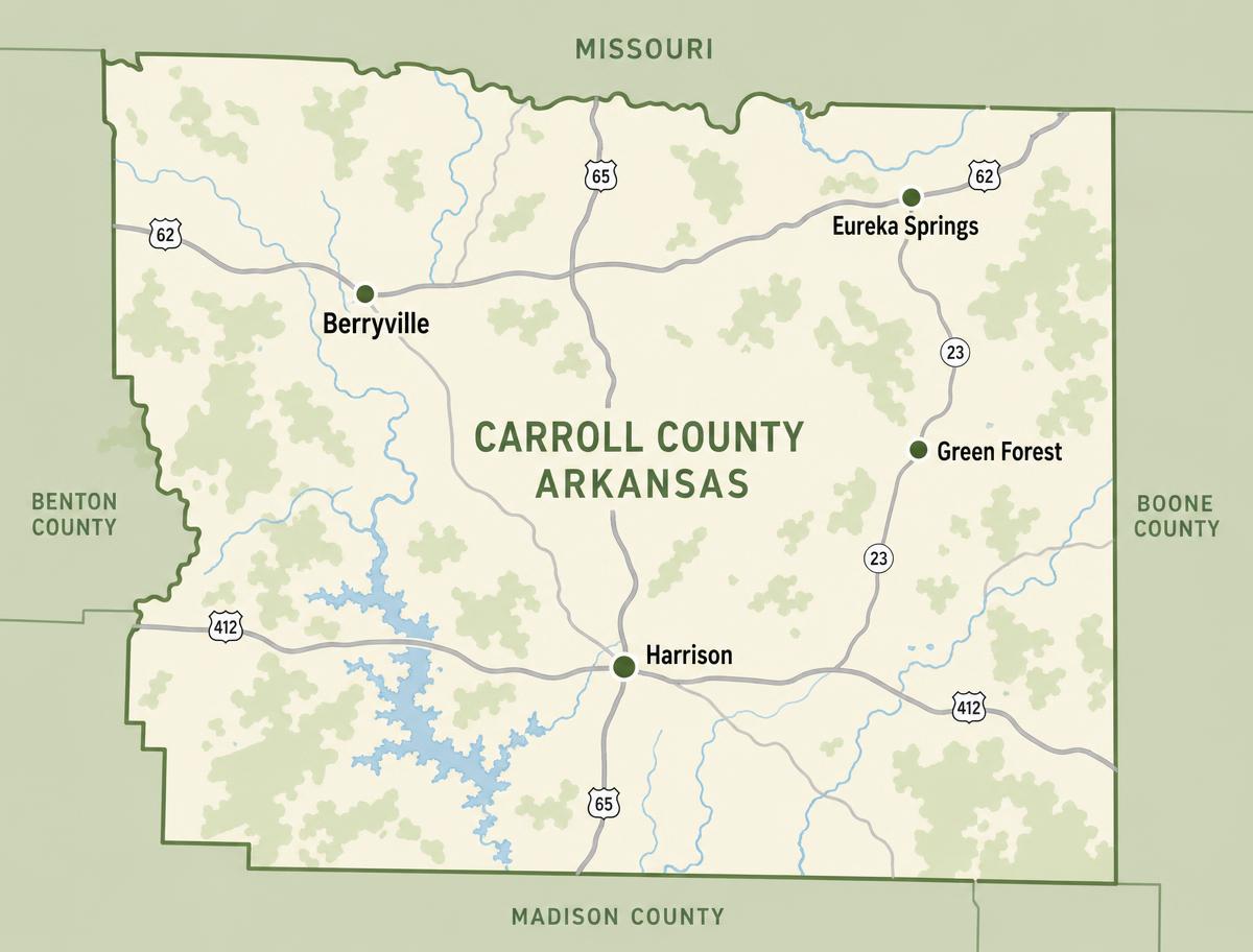 Map of Carroll County, Arkansas showing Berryville, Eureka Springs, Green Forest, and Harrison