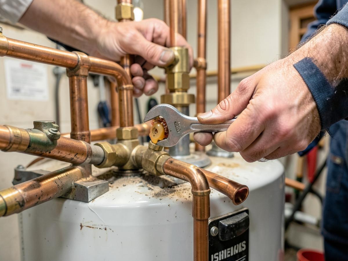 Plumber's hands working on copper pipes at a water heater